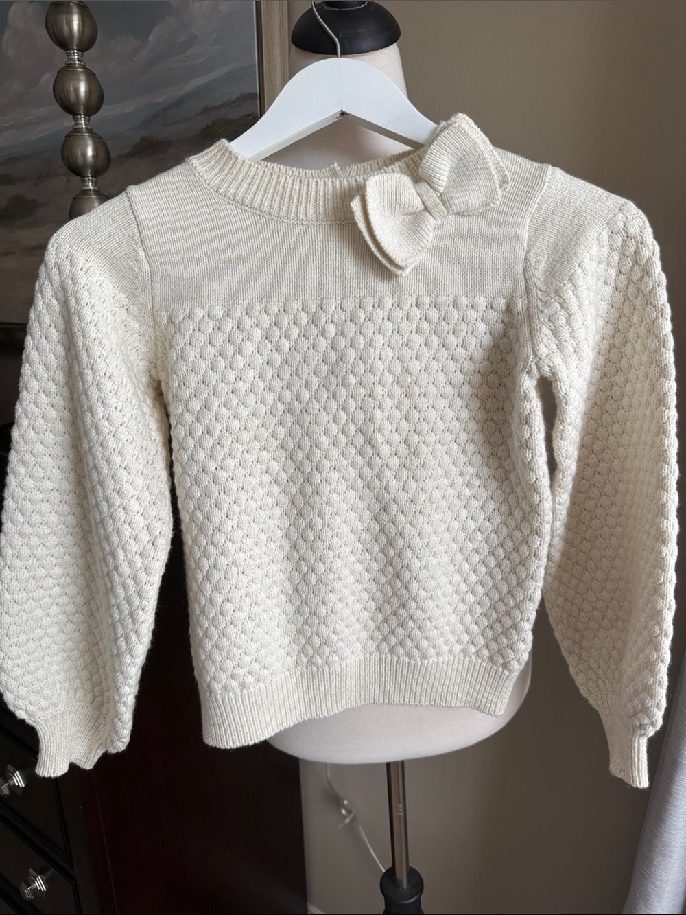Janie and Jack Cream Textured Knit Crewneck Sweater with Bow size 8